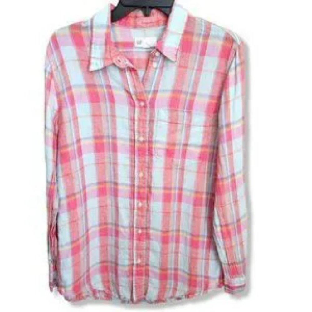 GAP Women's Long Sleeve Plaid Pastel 100% Linen Button Down Sz S- EUC‎
